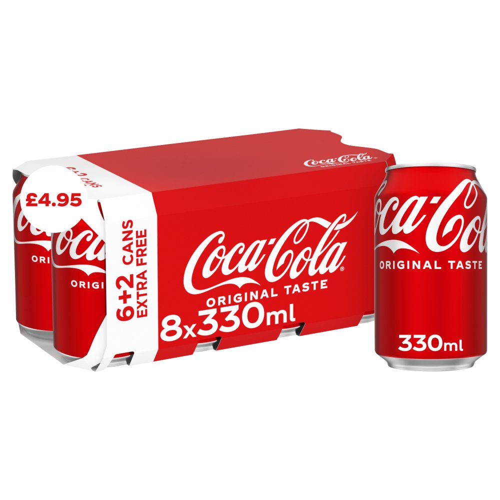 Coca-Cola Original Taste 8 x 330ml Cans (6 + 2 x 330ml Extra Free)