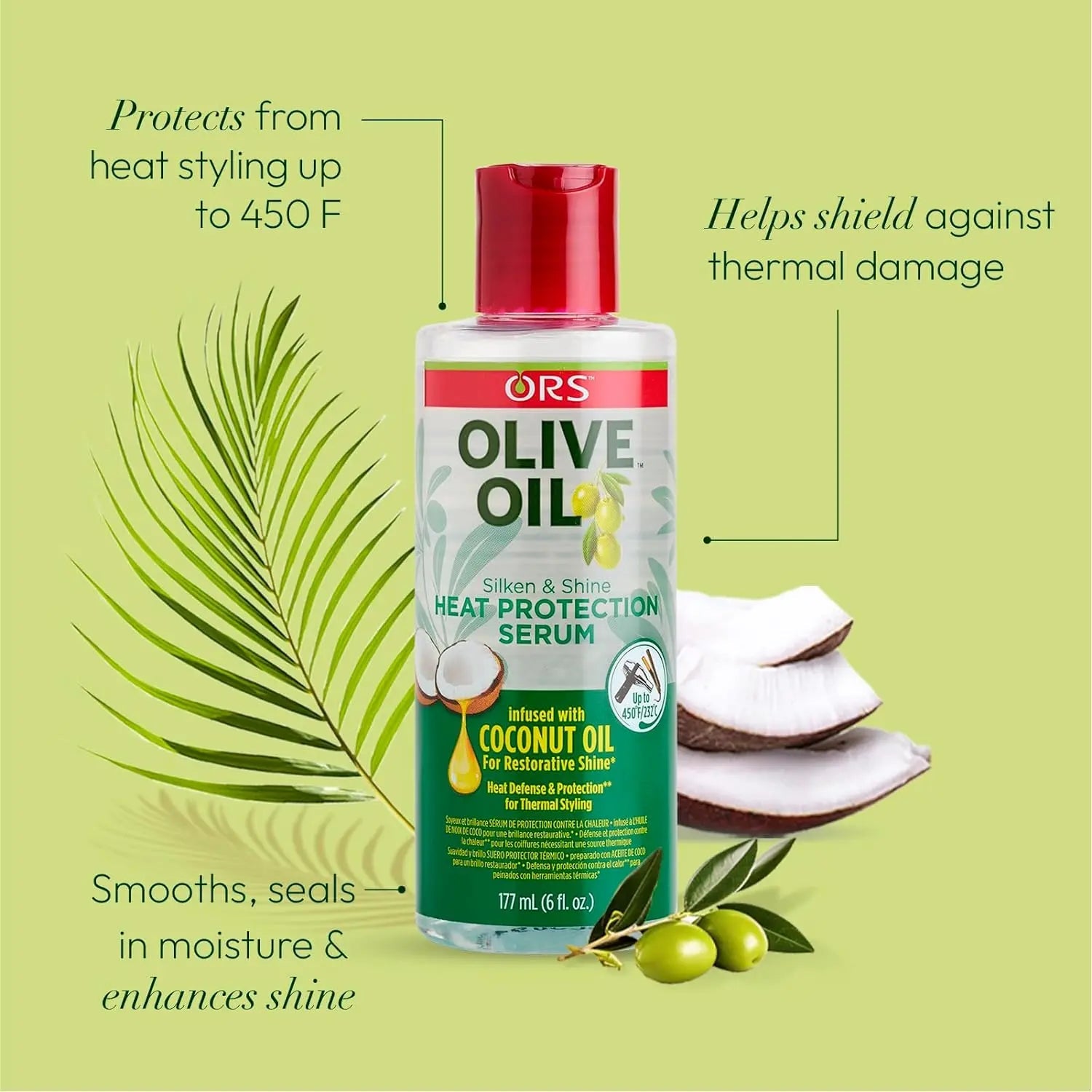 ORS Olive Oil Heat Protection Hair Serum - 177 ml, Infused With Coconut Oil, For Restorative Shine, With Frizz Free & Fast Drying Formula