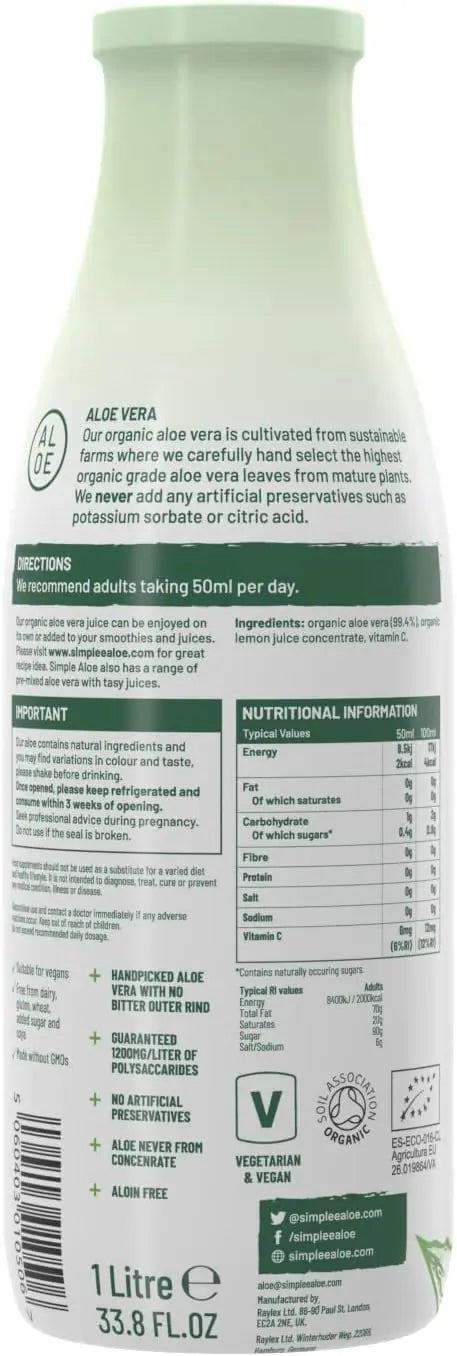 Simplee Aloe ® - Aloe Vera Juice 1 Litre - Natural, Organic & Cold Pressed